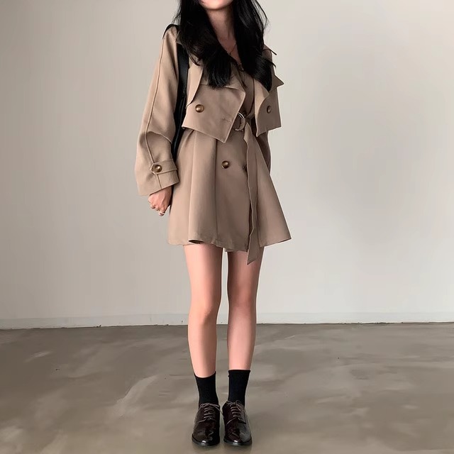 骨格ウェーブ トレンチ風 ノースリーブワンピース＋ショート丈ジャケットセット
