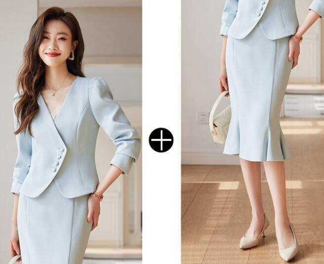 骨格ウェーブ ノーカラージャケット マーメイドスカート セットアップ スーツ