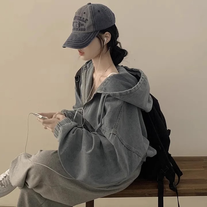 骨格ウェーブ 韓国シック デニムジャケット ジップ付き 長袖 フード ショート丈 カジュアル