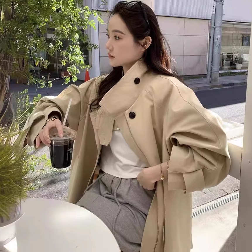 骨格ウェーブ 韓国シック トレンチ風コート ゆったり ブリティッシュスタイル
