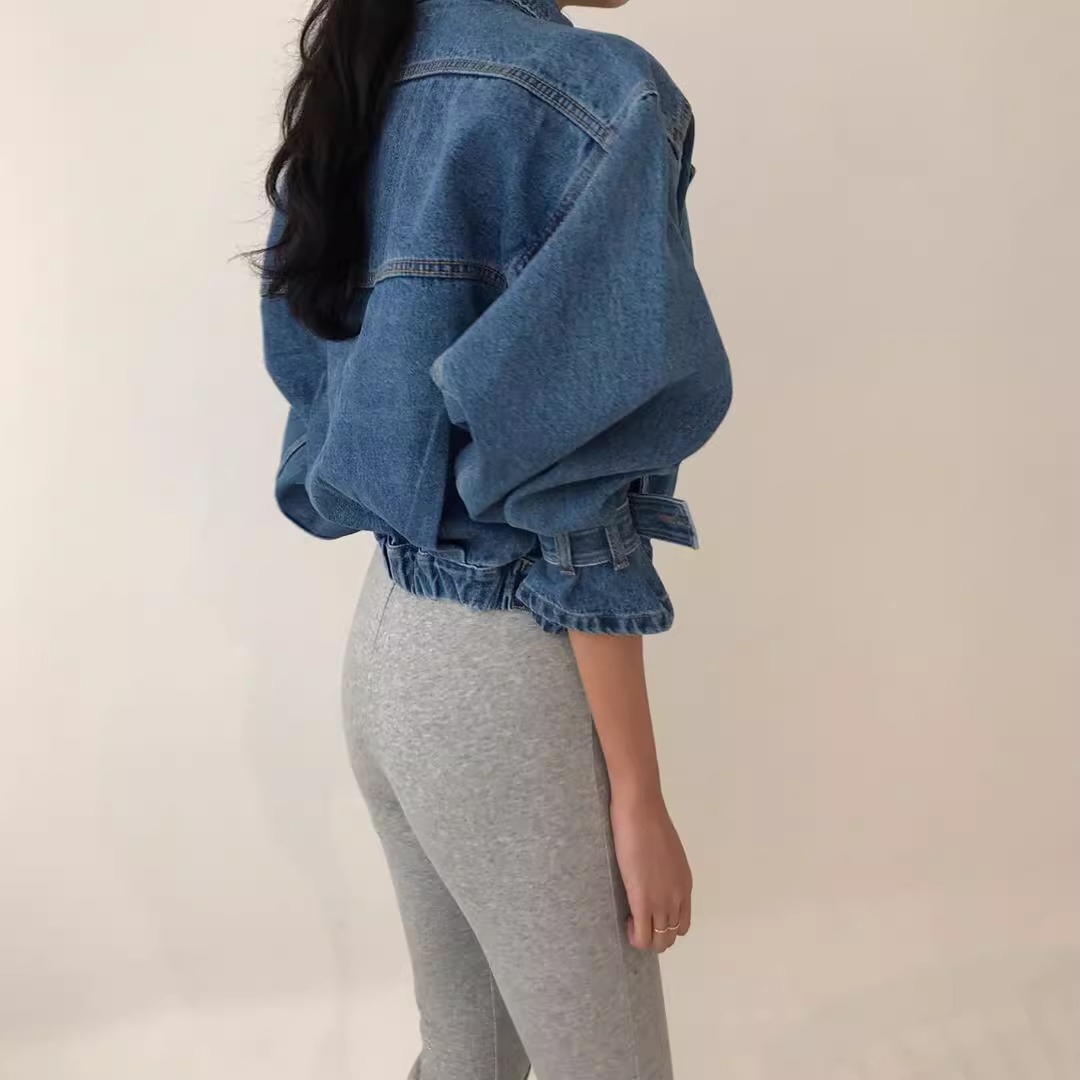 骨格ウェーブ 韓国シック 万能デニムジャケット ウォッシュブルー ショート丈 ゆったり