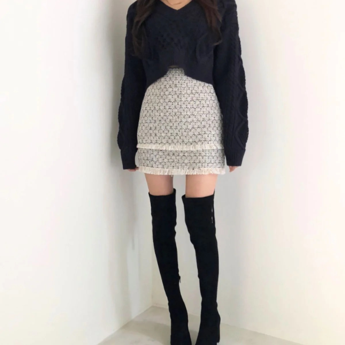 骨格ウェーブ バックリボン Vネック ケーブルニット