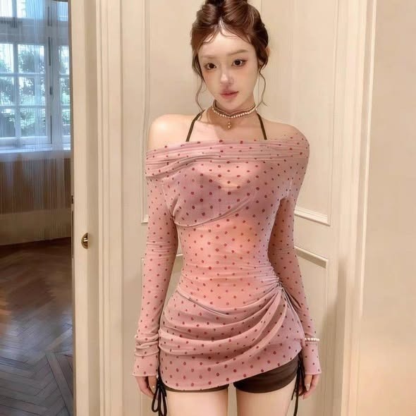 骨格ウェーブ ドット柄シアーカバーアップ付き 3ピースビキニ水着