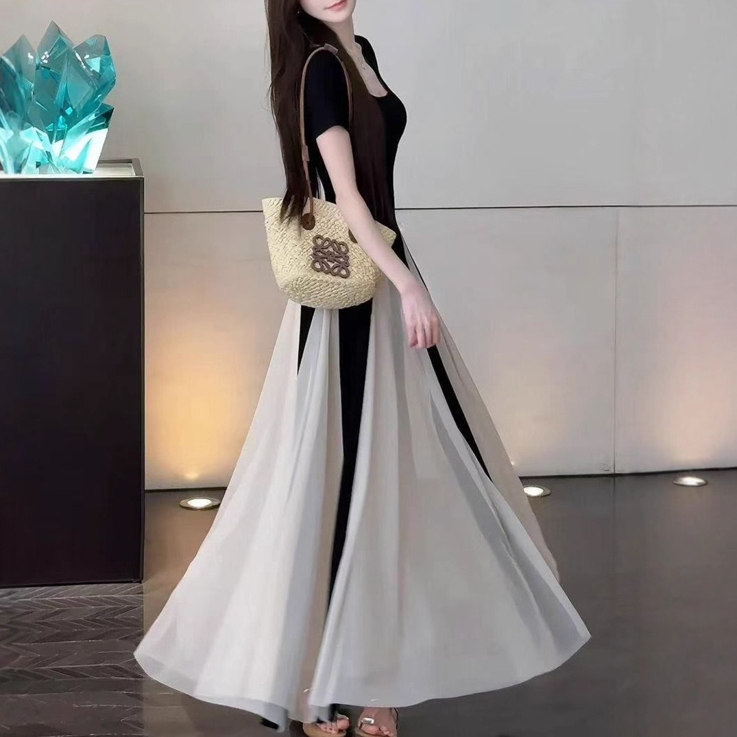 骨格ウェーブ ドラマチック チュール切り替え 半袖ロングワンピース