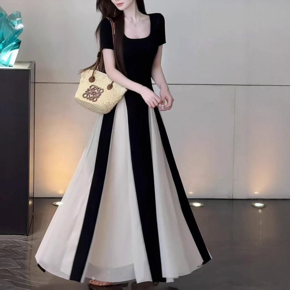 骨格ウェーブ ドラマチック チュール切り替え 半袖ロングワンピース