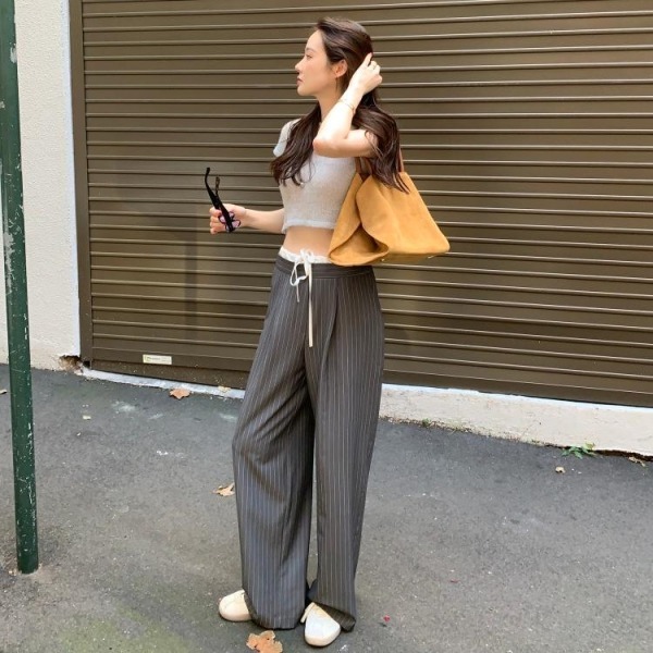 骨格ウェーブ レイヤード風 ピンストライプ ワイドスラックス