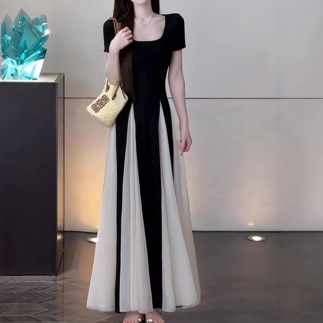 骨格ウェーブ ドラマチック チュール切り替え 半袖ロングワンピース