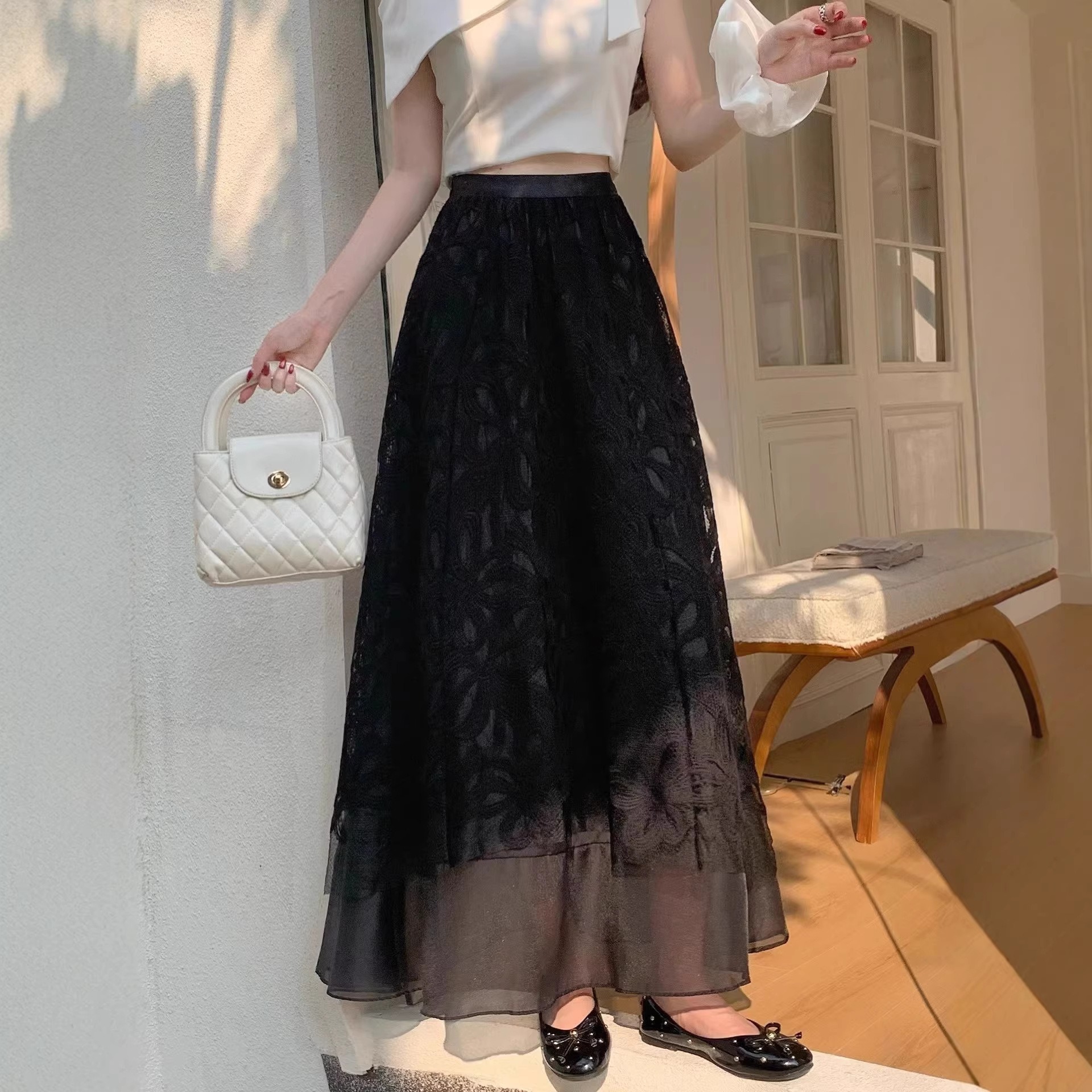 骨格ウェーブ 美脚見え エアリーレース フレアロングスカート