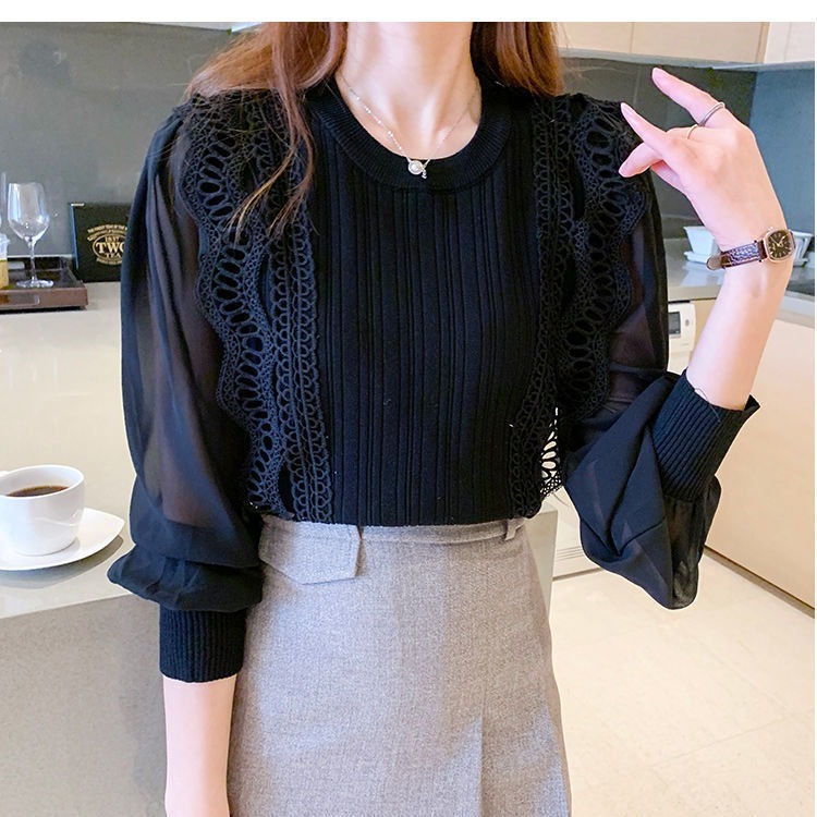骨格ウェーブ シアー袖 ドッキングニットトップス