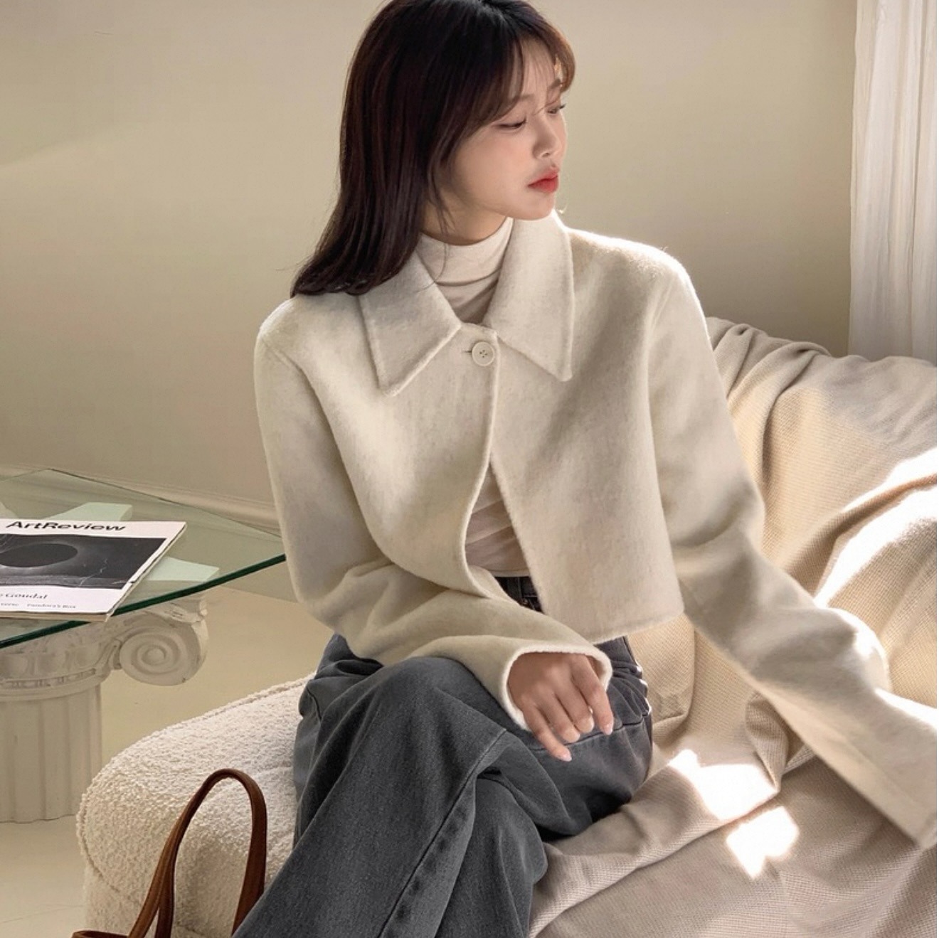 骨格ウェーブ 襟付き シンプル ウールライク ショートコート