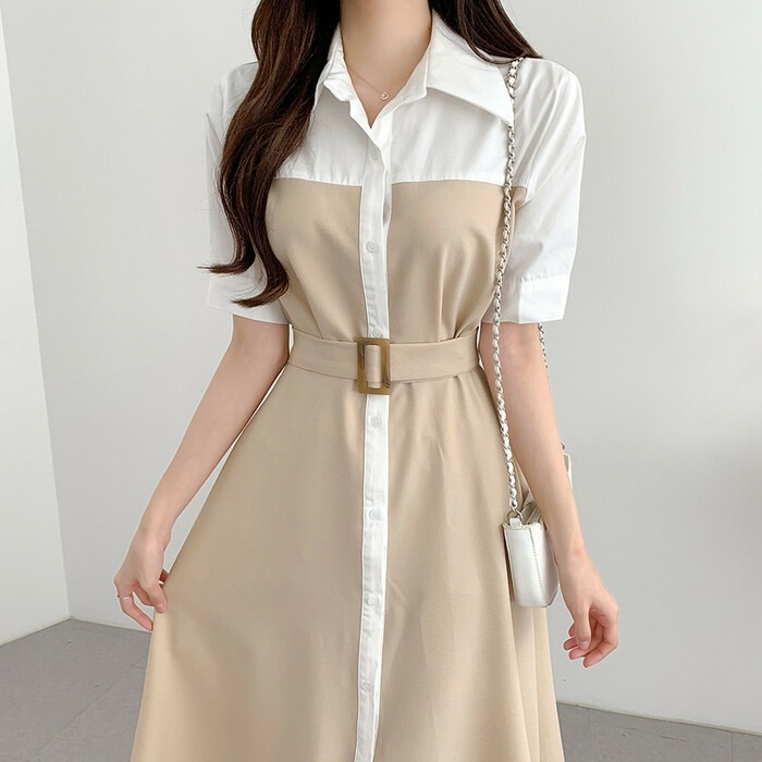 骨格ウェーブ 美くびれメイク バイカラーシャツワンピース