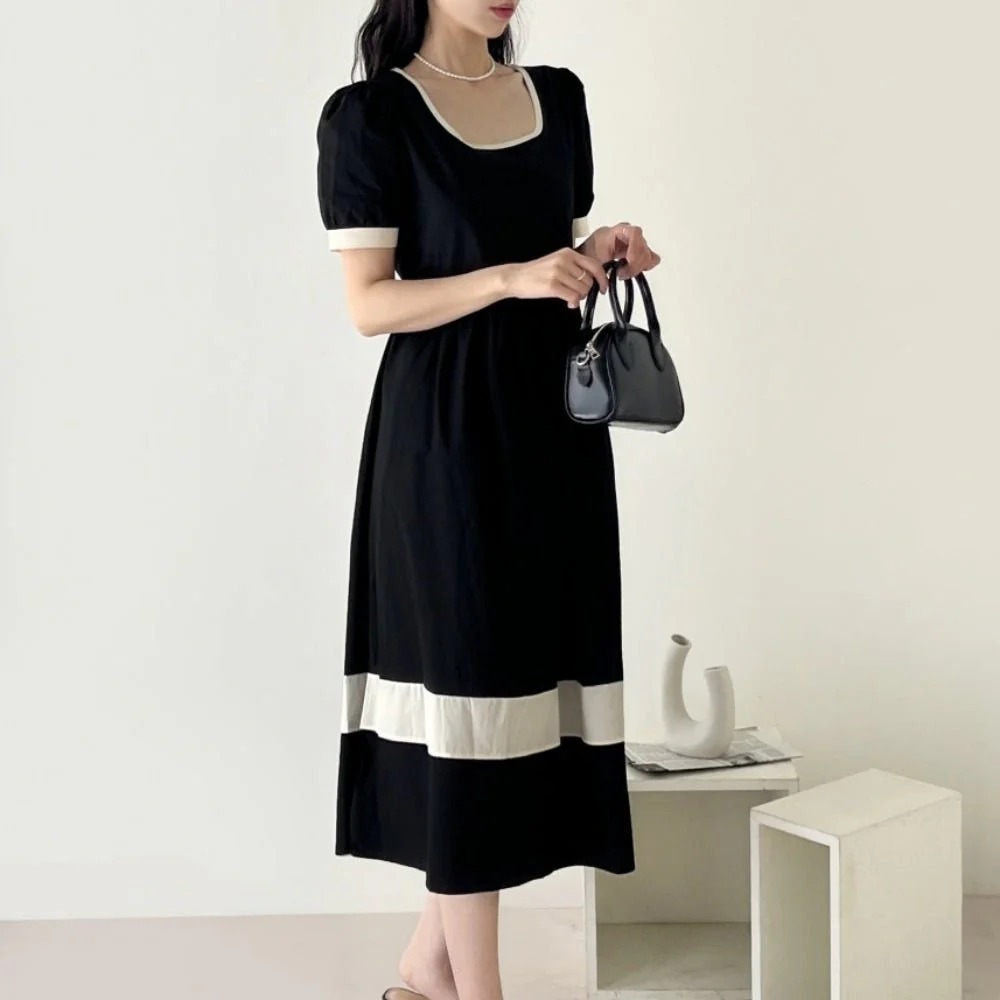 骨格ウェーブ クラシカルバイカラー ハイウエスト パフスリーブワンピース