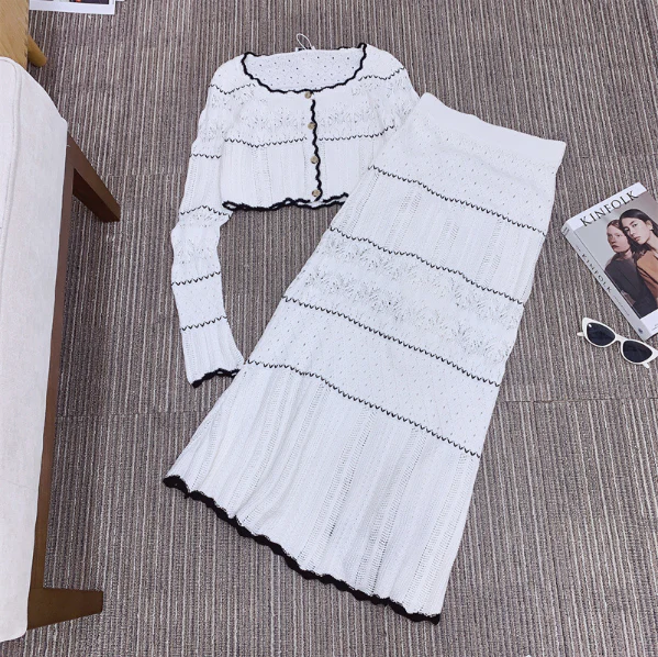 骨格ウェーブ クロシェ編みセットアップ ショート丈ニット＋Aラインスカート