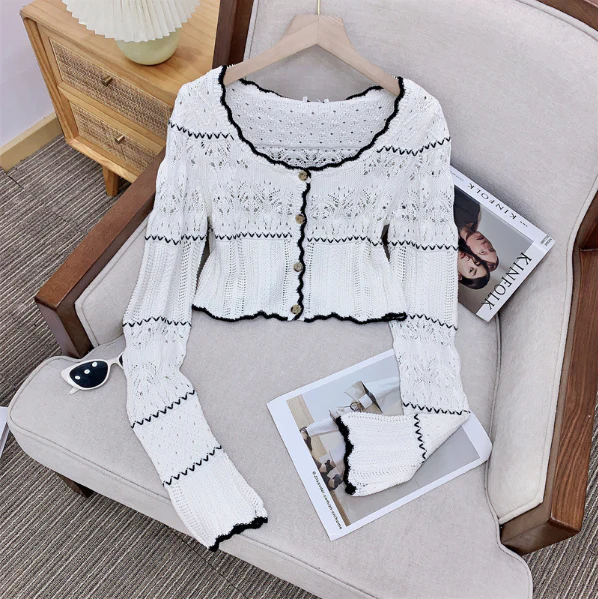 骨格ウェーブ クロシェ編みセットアップ ショート丈ニット＋Aラインスカート