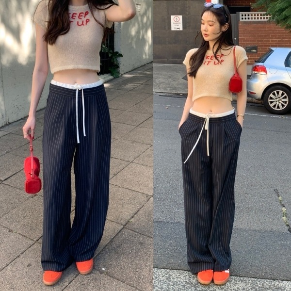 骨格ウェーブ レイヤード風 ピンストライプ ワイドスラックス