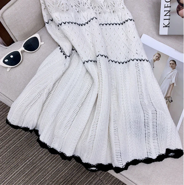 骨格ウェーブ クロシェ編みセットアップ ショート丈ニット＋Aラインスカート