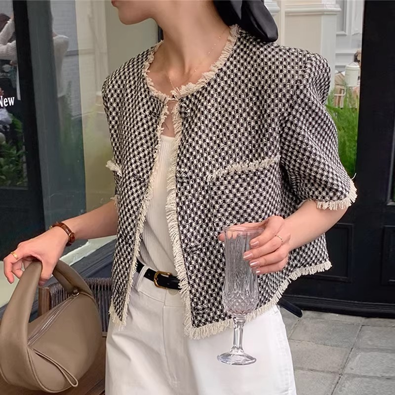 骨格ウェーブ フェミニン・ツイード クロップド丈 フリンジ半袖ジャケット