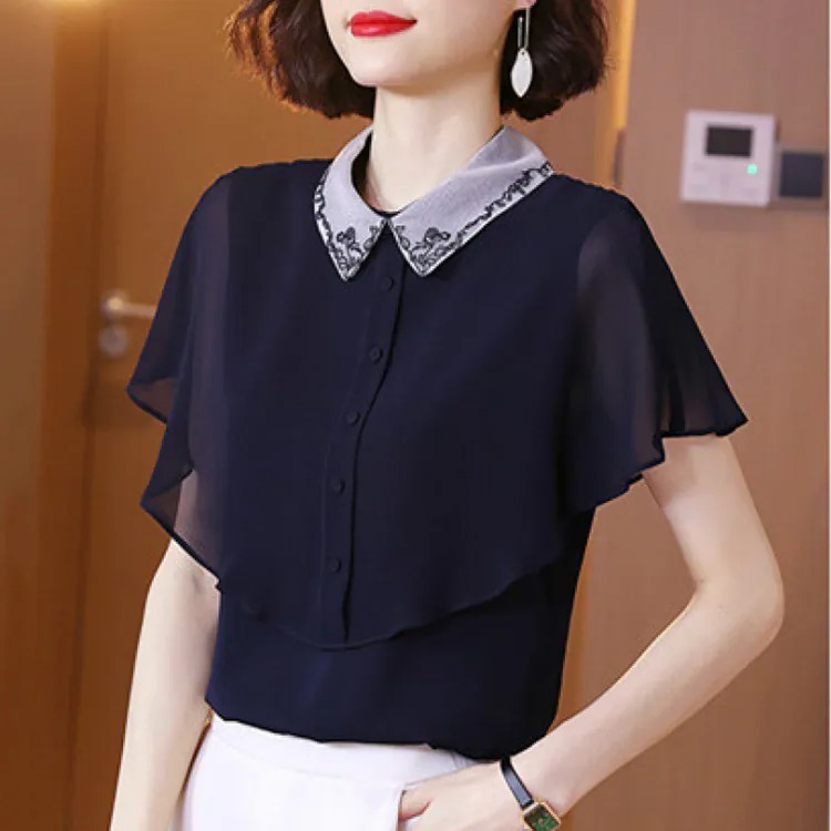 骨格ウェーブ 上品フェミニン 刺繍シアーケープブラウス