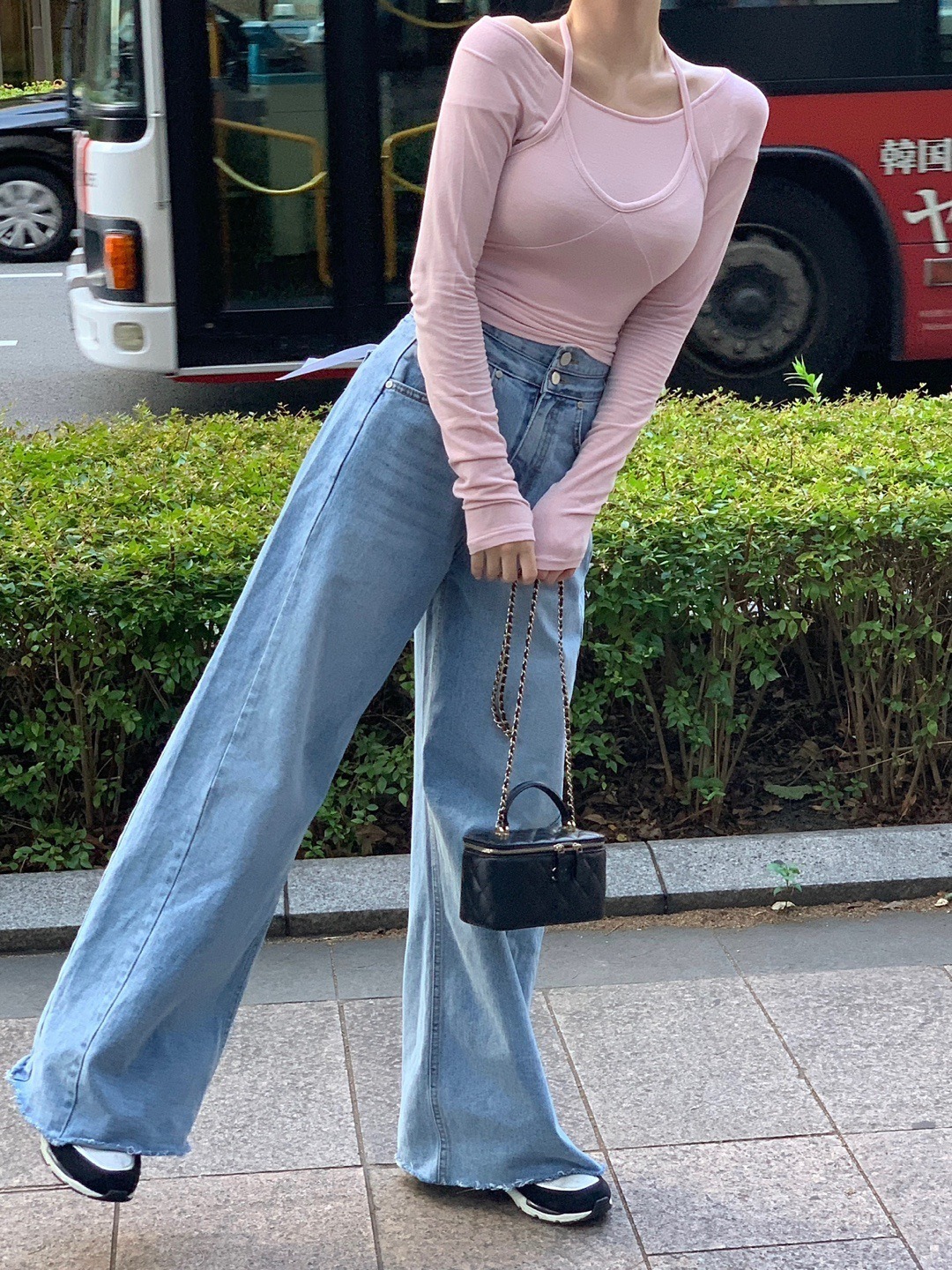 骨格ウェーブハイウエストワイドベルトワイドレッグデニムパンツ