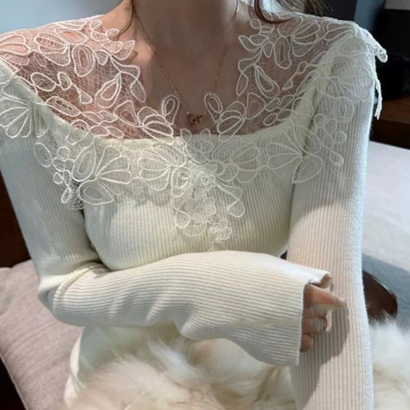 骨格ウェーブ 華やかレース オフショルリブニット