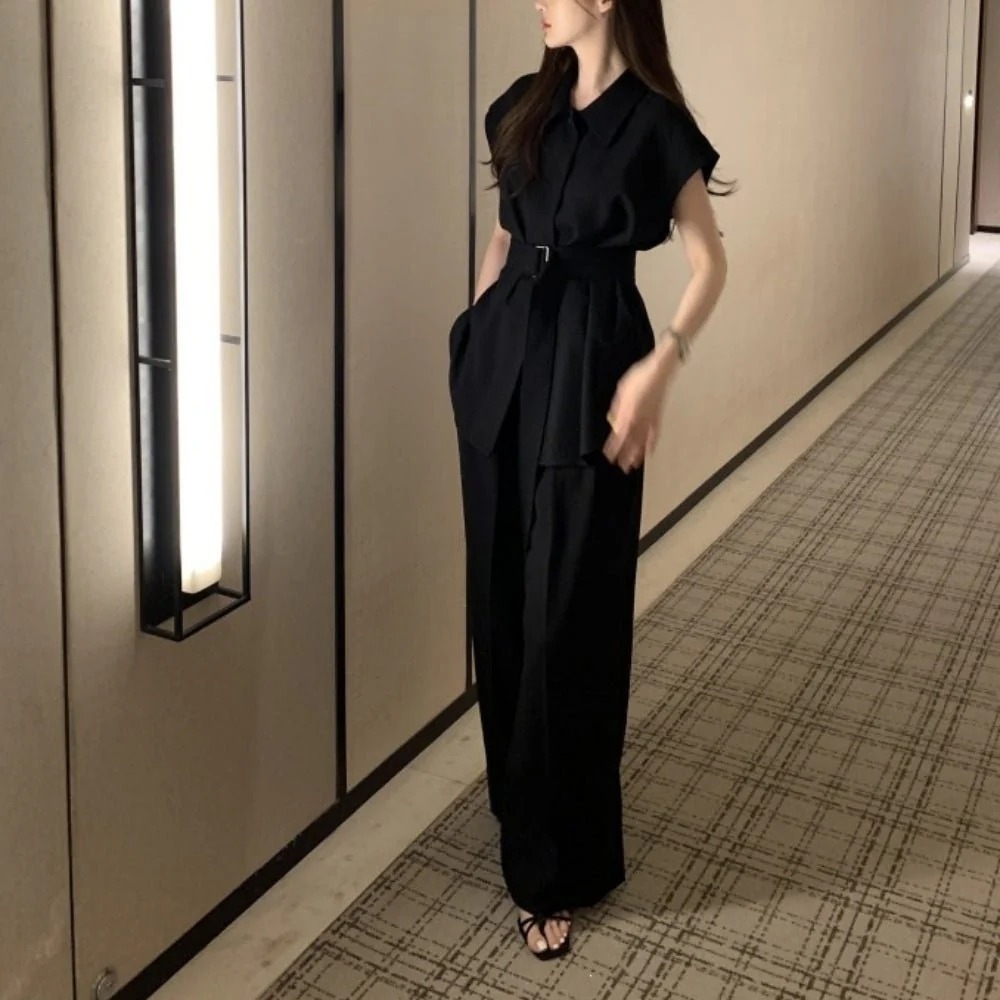 骨格ウェーブ 美くびれメイク・セットアップ フレンチスリーブシャツ＆ワイドパンツ