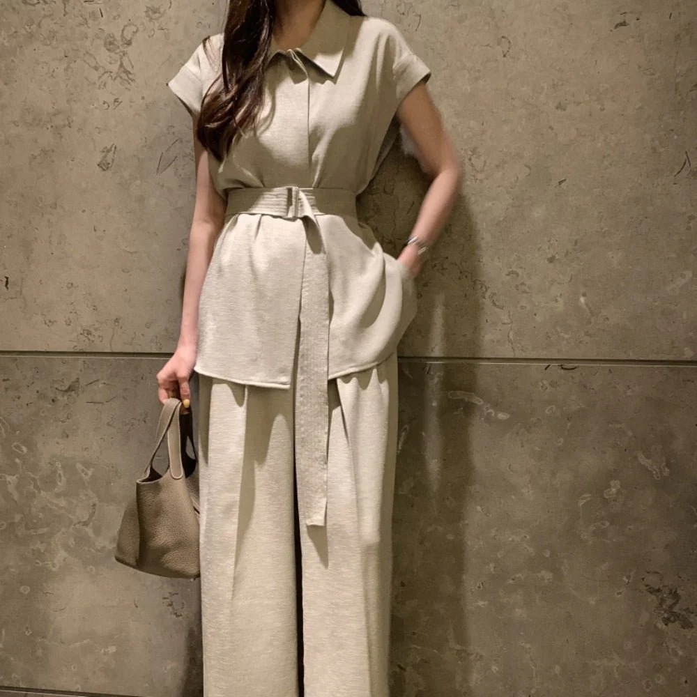 骨格ウェーブ 美くびれメイク・セットアップ フレンチスリーブシャツ＆ワイドパンツ