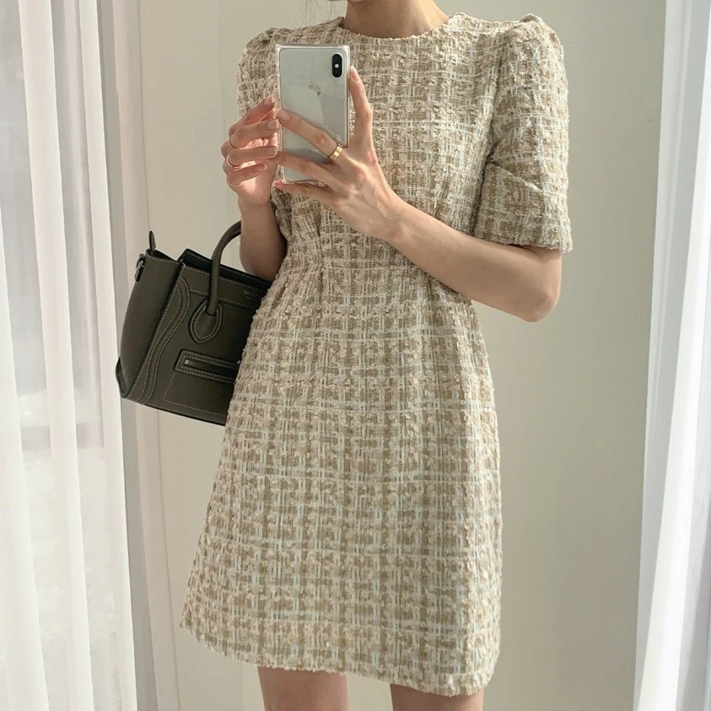 骨格ウェーブ ウエストマークツイード調ミニワンピース