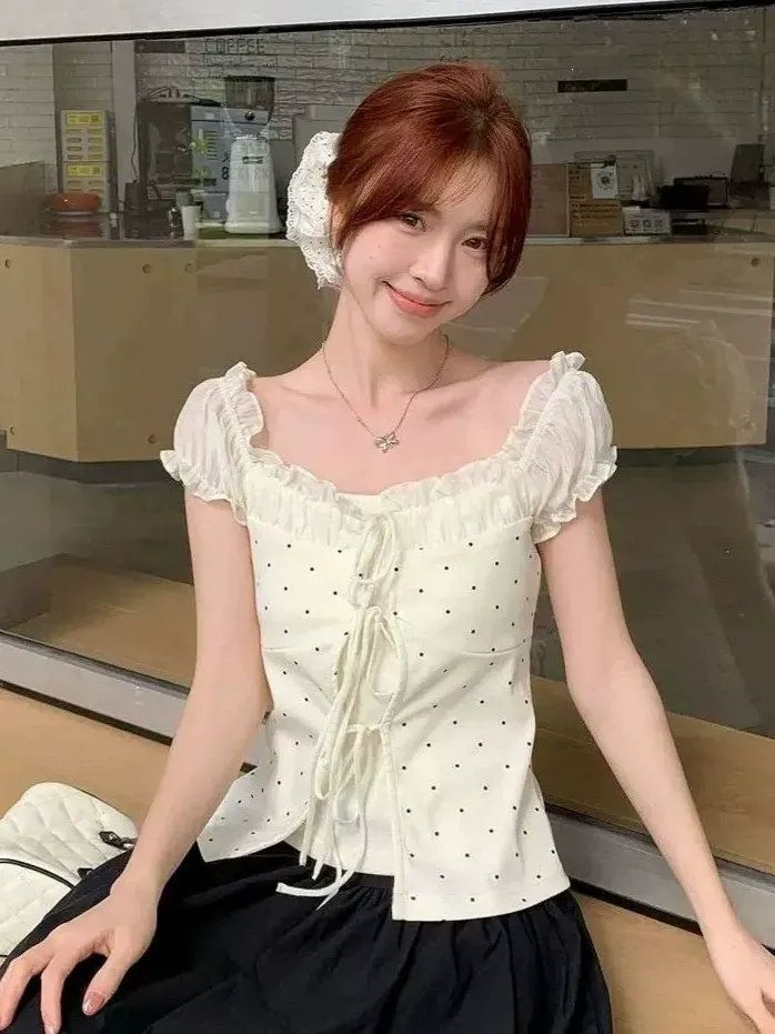 骨格ウェーブ フレンチガーリー ピンドット柄トップス