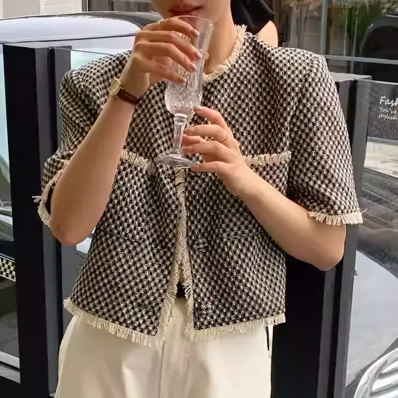 骨格ウェーブ フェミニン・ツイード クロップド丈 フリンジ半袖ジャケット