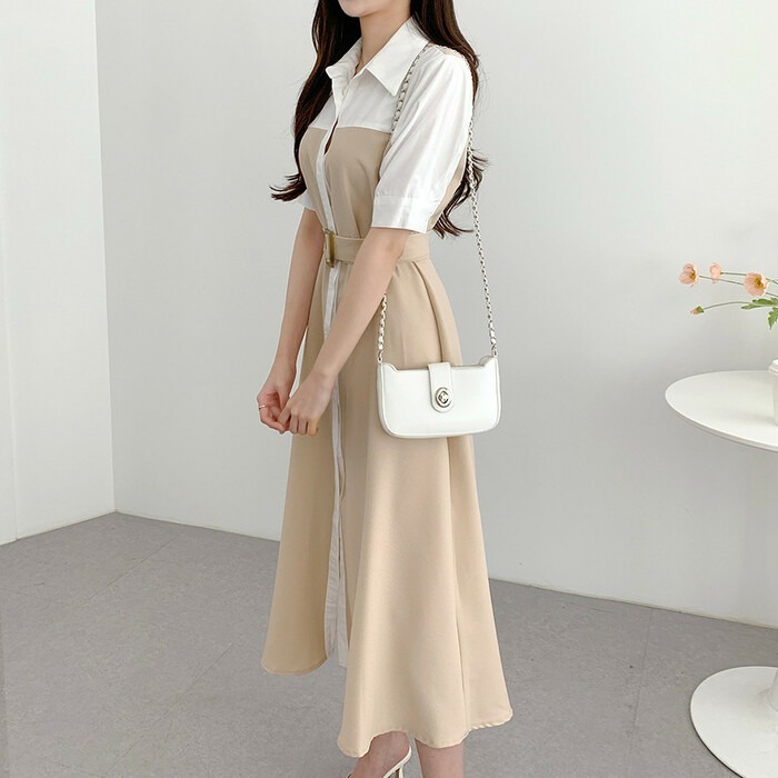 骨格ウェーブ 美くびれメイク バイカラーシャツワンピース