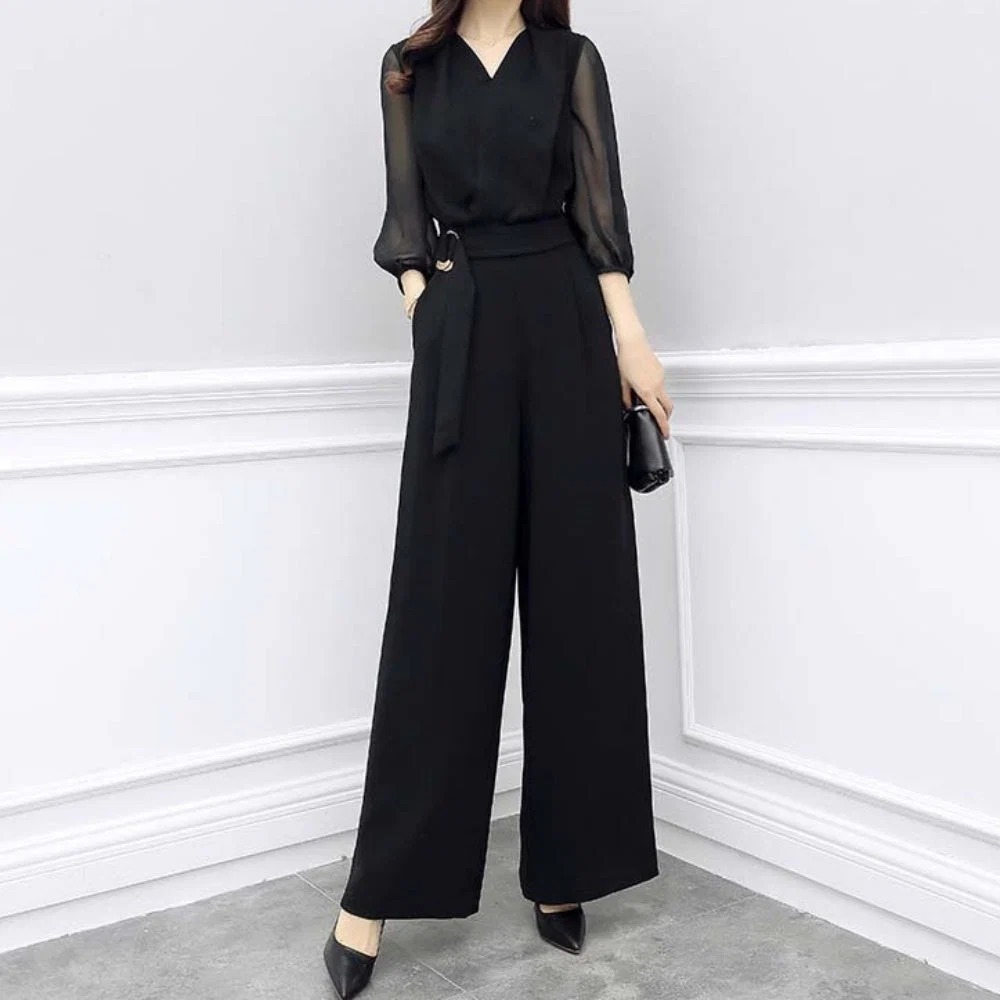 骨格ウェーブ優勝 シアー袖×Vネック ハイウエストオールインワン