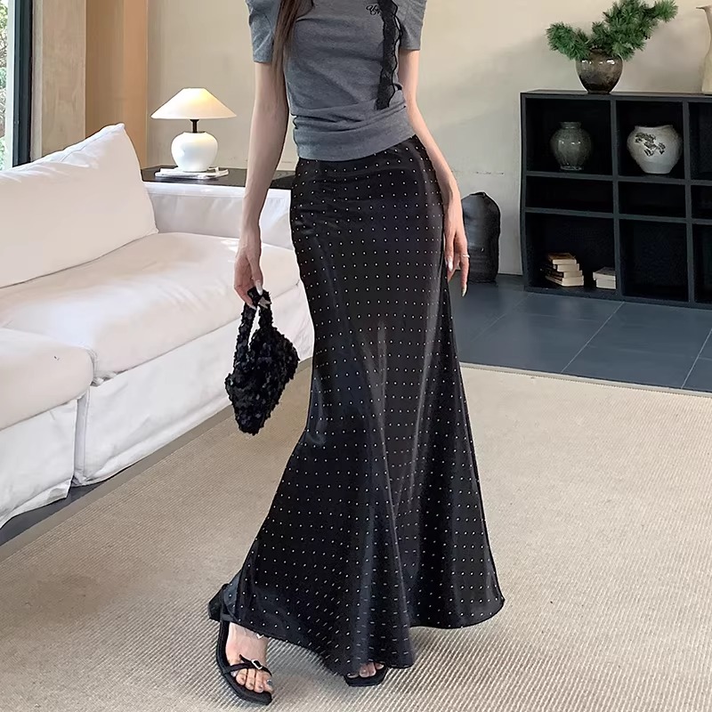 骨格ウェーブ 流れる曲線美 ドットサテン ロングマーメイドスカート