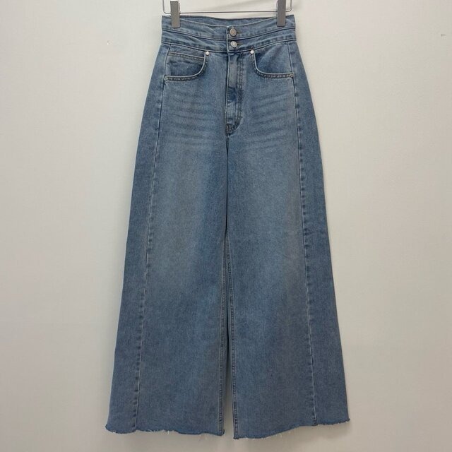 骨格ウェーブハイウエストワイドベルトワイドレッグデニムパンツ