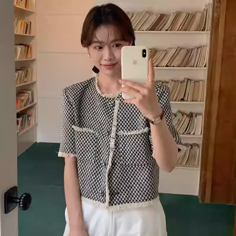骨格ウェーブ フェミニン・ツイード クロップド丈 フリンジ半袖ジャケット