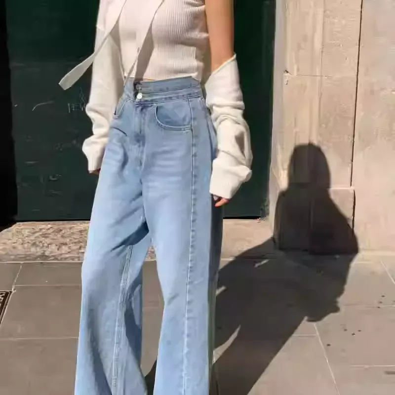 骨格ウェーブハイウエストワイドベルトワイドレッグデニムパンツ