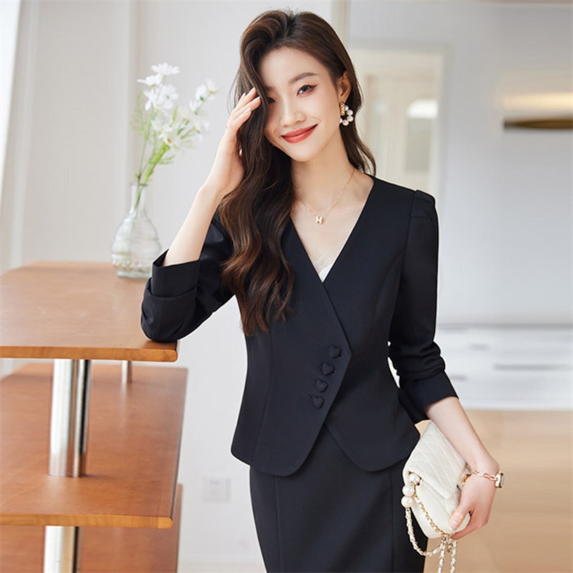 骨格ウェーブ ノーカラージャケット マーメイドスカート セットアップ スーツ