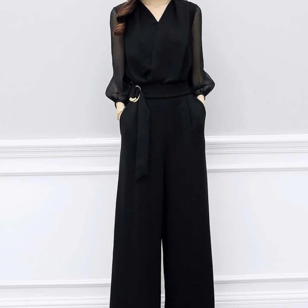 骨格ウェーブ シアー袖×Vネック ハイウエストオールインワン