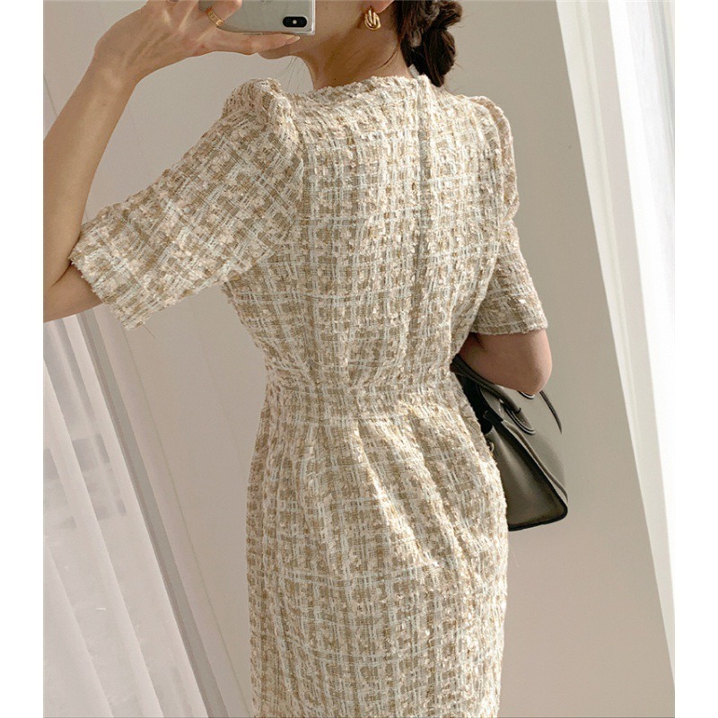 骨格ウェーブ ウエストマークツイード調ミニワンピース