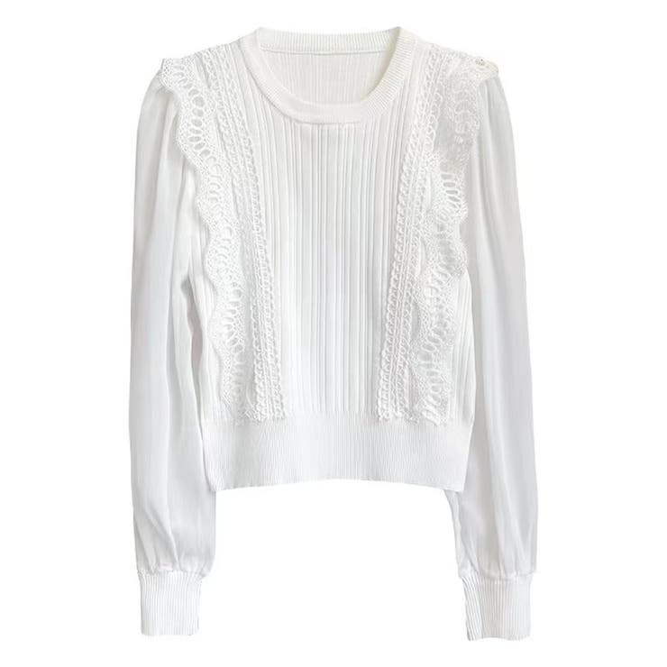 骨格ウェーブ シアー袖 ドッキングニットトップス