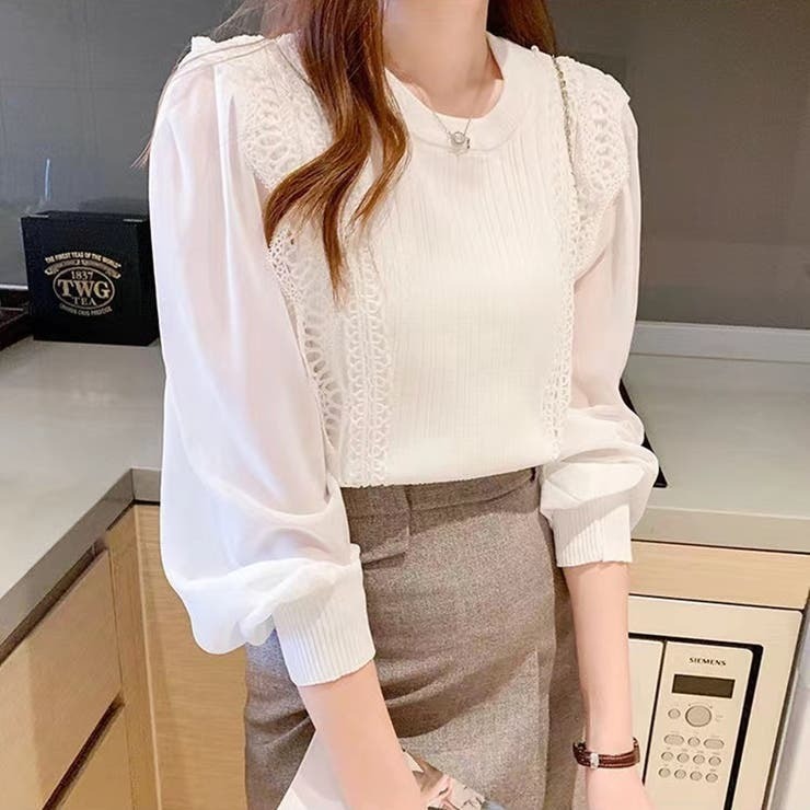 骨格ウェーブ シアー袖 ドッキングニットトップス