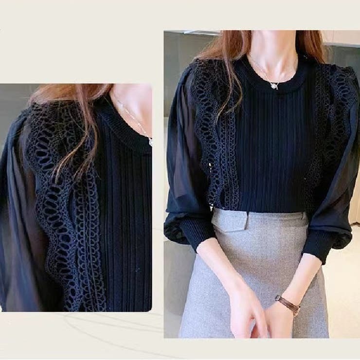 骨格ウェーブ シアー袖 ドッキングニットトップス