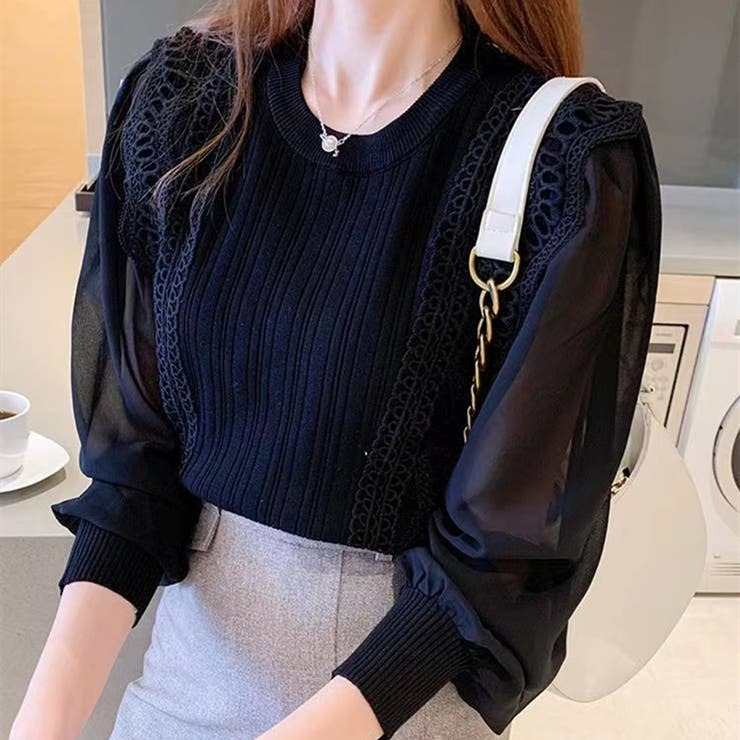 骨格ウェーブ シアー袖 ドッキングニットトップス