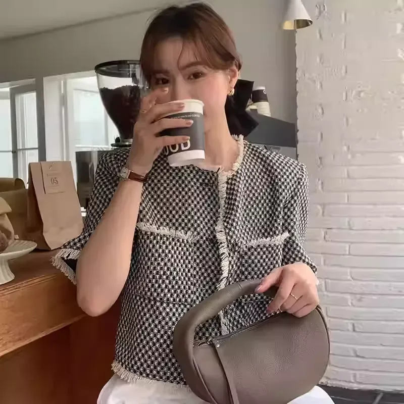 骨格ウェーブ フェミニン・ツイード クロップド丈 フリンジ半袖ジャケット