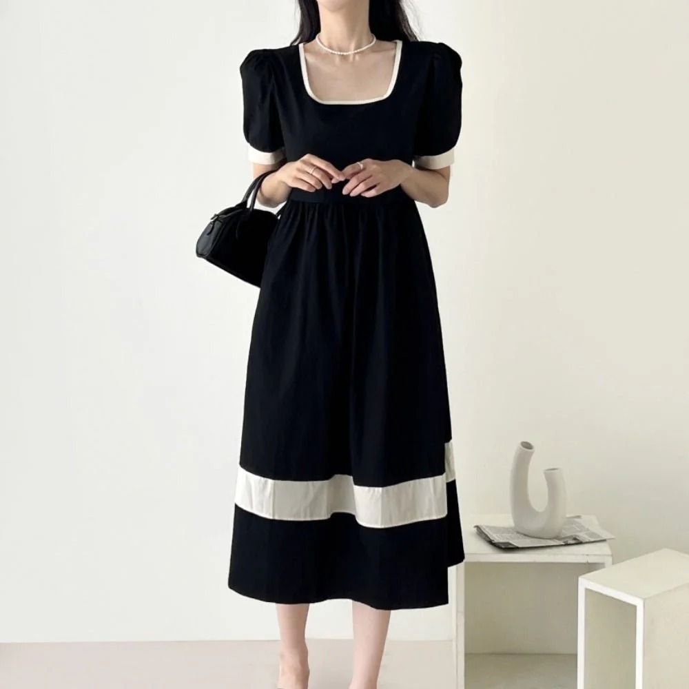 骨格ウェーブ クラシカルバイカラー ハイウエスト パフスリーブワンピース
