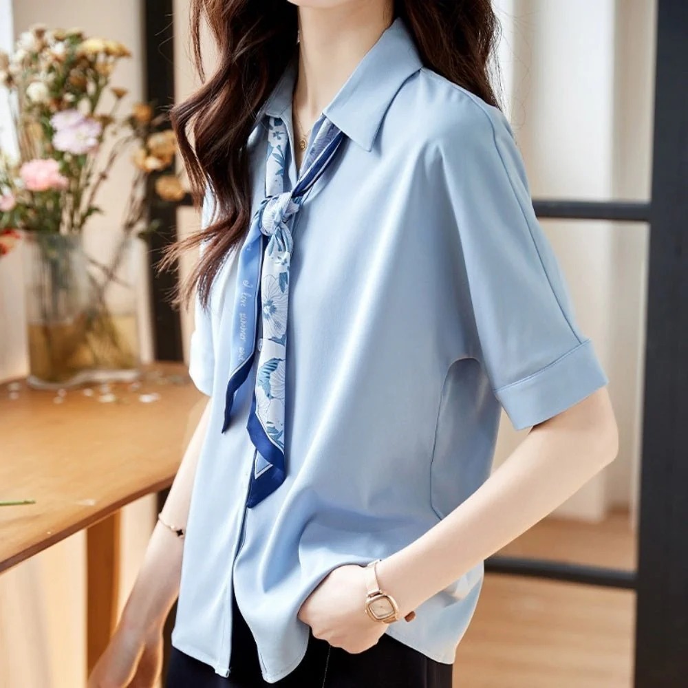 骨格ウェーブ とろみ素材 フローラルボウタイ5分袖ブラウス