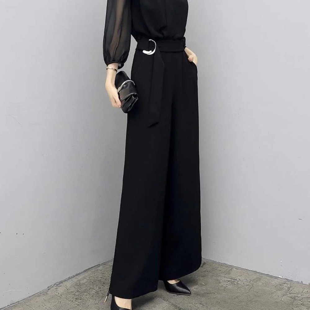 骨格ウェーブ シアー袖×Vネック ハイウエストオールインワン