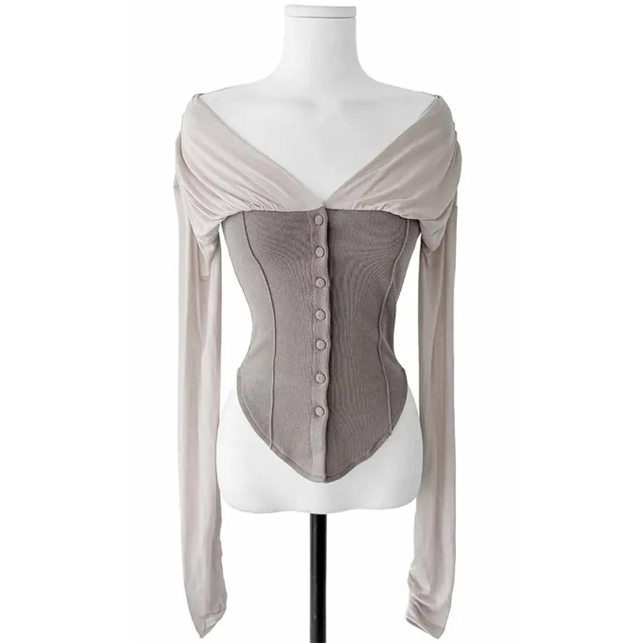 骨格ウェーブ 切替デザイン しっとりフィットトップス