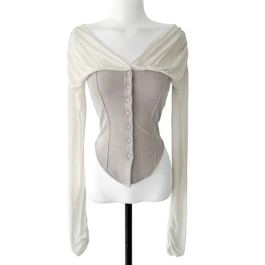 骨格ウェーブ 切替デザイン しっとりフィットトップス