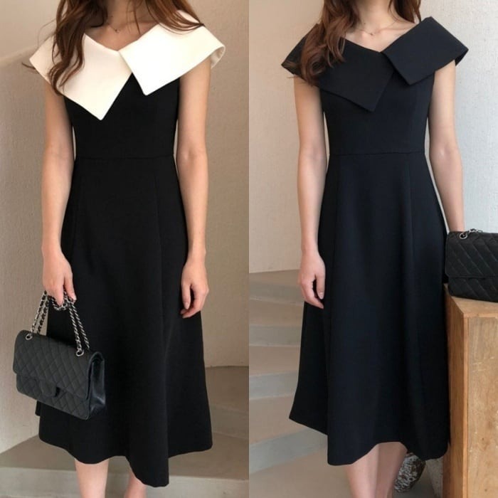 骨格ウェーブ ビッグカラー 美くびれロングワンピ―ス