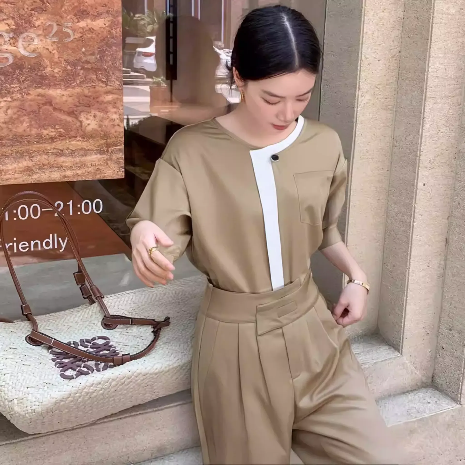 骨格ウェーブ 配色セットアップ（ブラウス＆ワイドパンツ）